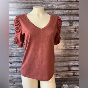 Express Small Sm Petite Ruched Sleeve V Neck Tee